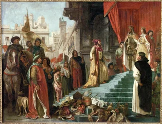 Christofer Columbus återkomst; hans audiens inför kung Ferdinand och drottning Isabella, de katolska härskarna (olja på duk)