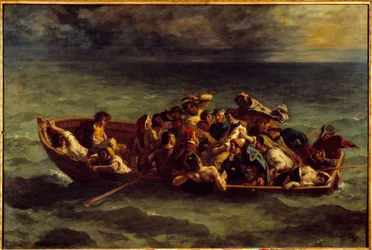 Förlisningen av "Don Juan". Illustration av boken av George Gordon Byron som heter Lord Byron (1788-1824) "Don Juan", sång II. Målning av Eugene Delacroix (1798-1863)