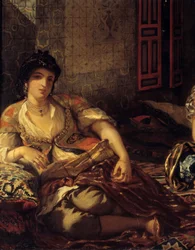 Kvinnorna i Alger i sin detaljlägenhet. Målning av Eugene Delacroix (1798-1863) 1834 Dim. 1,80 x 2,29 m Paris. Louvren