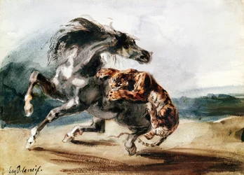 Tiger Attacking a Wild Horse (penna & bläck och akvarell på papper)