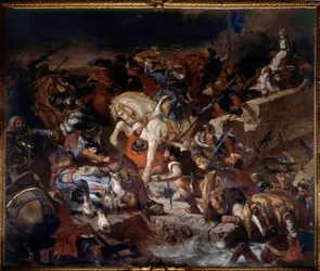 Vy över slaget vid Taillebourg som vanns av kung Saint Louis den 21 juli 1242. Slaget mellan Capetian-trupperna från kungen av Frankrike Saint Louis och deras vasallrevolter, Henrik III av England och Hugh X av Lusignan. Målning av Eugene Delacroix (17