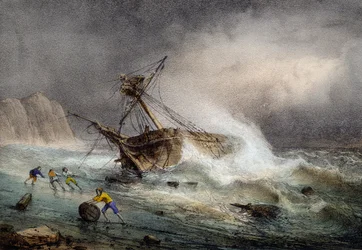 Brigantine strandad, färglitografi av Ferdinand Perrot