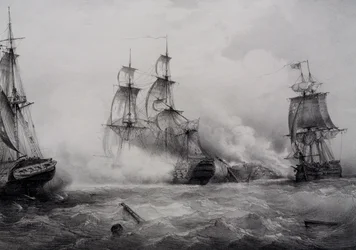 Strid mellan brittiska och amerikanska tredje klassens segelfartyg med 74 kanoner, litografi av Ferdinand Perrot