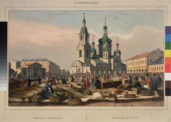 Hay Market och Cathedral of the Assumption of the God Mother, i Sankt Petersburg. Verk av Ferdinand Victor Perrot (1808-1841), litografi och akvarell på papper