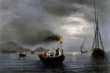 Nattfiske med fiskelampa, färglitografi av Ferdinand Perrot (1808-1841)