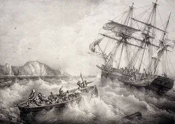 Räddning av besättningen på bretonsk fiskebåt av svenska fartyget Le Neptune, Litografi av Ferdinand Perrot