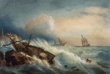 Skeppsbrott vid Saint Nazaires kust, färglitografi av Ferdinand Perrot, Frankrike