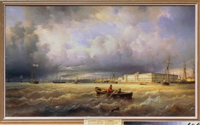 Utsikt över konstakademin från Neva i Sankt Petersburg. Målning av Ferdinand Victor Perrot (1808-1841), olja på duk