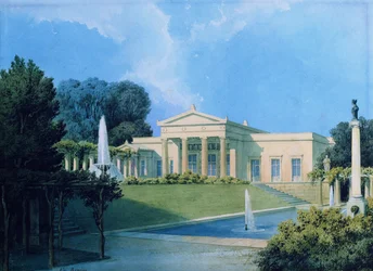 Utsikt över Charlottenhof från trädgården, 1855 (penna & bläck och wc på papper)