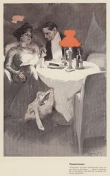 Samtal mellan en teaterregissör och en skådespelerska på ett kafé (färg litho)