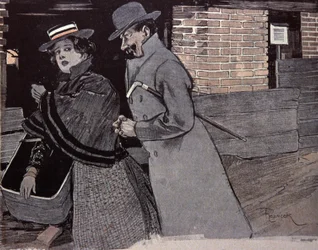 Man trakasserar en ung kvinna. Illustration av F. Von Reznicek i: Simplicissimus, Tyskland