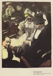 Kvinna som tittar genom ett par operaglasögon på teatern (färg litho)