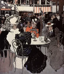 Kvinna pratar vid ett bord utanför ett kafé. Illustration av Von Reznicek i: Simplicissimus, Tyskland