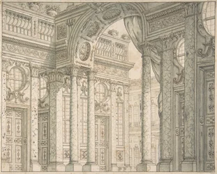 Design av ett perspektiv för en scenuppsättning med innergård och triumfbåge, ca. 1675-1743.