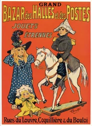 Reklamaffisch för Grand Bazaar des Halles et des Posts: Leksaks- och spelbutik (En liten Napoleon i trä, en häxa och en docka) Illustration av Fernand Fernel (Cerckel) (1872-1934) 1899