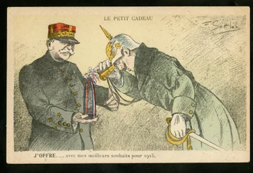 Vykort, satirisk i färger, ca. 1914_12: En liten gåva jag erbjuder med mina lyckönskningar för 1915 - War of 14 -18, Kanoner, snäckor - William II, Joffre Illustration av Gottlob (1873-1935)