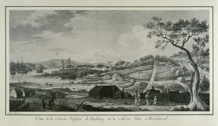 MALASPINA, Alejandro (1754-1809). Italiensk-spansk sjöfarare och upptäcktsresande; BRAMBILA, Fernando (1763-1834). Målare. Australien (18:e århundradet). Engelska kolonin New South Wales. Teckning av Fernando Brambila som illustrerar den vetenskapliga expe