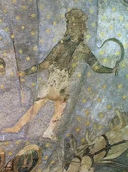 En man med en skära och ett spjut, detalj från Cielo de Salamanca, ca 1480-90