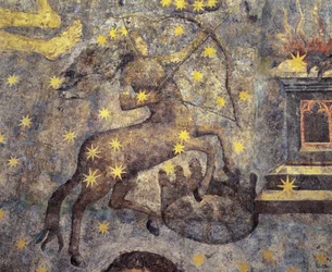 Gotisk period. Zodiakens kupol (1485) av Fernando Gallego (1440-1507). XV århundrade. Väggmålningar. De pryder biblioteket vid universitetet i Salamanca, Kastilien, Spanien. Representerar zodiakens tecken. Centaur. Symbol för stjärnbilden.