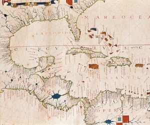 Portulan: Geografisk karta med namnet på kustlinjen Kuba, Florida, Centralamerika och Nordlatinamerika, Hydrographic Atlas of Fernao Vaz Dourado (1500-talet)