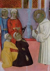 Exorcism av en man besatt av en demon, från altartavlan av St. Bernard av Clairvaux (olja på panel)