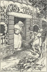 Två barn i ett marsipanhus i skogen. Illustration av F. Scarpelli till sagan Hans och Greta efter en samling av bröderna Grimm. Snövit och andra sagor, Florens