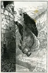 Fabel: "De kastade ut henne genom fönstret och rakt ner i floden". Illustration av Filiberto Scarpelli till sagan "Les petits nains du bois" (Tre unga män i skogen) ur bröderna Grimms samling "Snövit och andra sagor".