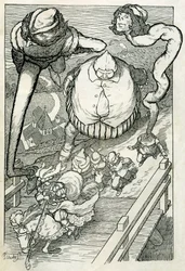 Fabler: Prinsen kommer in i staden följd av sina tjänare. Illustration av Filiberto Scarpelli till sagan "Tjänarna och prinsen" ur bröderna Grimms samling "Snövit och andra sagor".