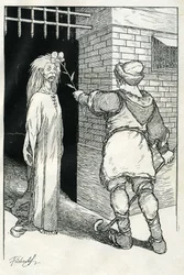 "Han rörde först vid den gamla kvinnan, som förblev stum". Illustration av Filiberto Scarpelli till berättelsen "Bonsoir Ezechiel" ur en samling fabler av bröderna Jacob och Wilhelm Grimm "Snövit och andra sagor".