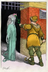 Illustration av Filiberto Scarpelli (1870-1933) till fabeln "" Buona sera Ezzechiello "" (God kväll Ezekiel) ur bröderna Grimms samling "Snövit och andra sagor", ca 1920.