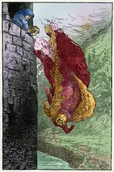 Illustration av Filiberto Scarpelli (1870-1933) till fabeln "I Nanini del Bosco" (Dvärgarna i skogen) ur bröderna Grimms samling av fabler "Snövit och andra sagor", ca 1920.