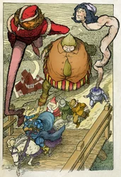 Illustration av Filiberto Scarpelli (1870-1933) till fabeln "I servitori e il principe" (Tjänarna och prinsen) ur bröderna Grimms samling av fabler "Snövit och andra sagor", ca 1920.
