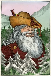 Illustration av Filiberto Scarpelli (1870-1933) till fabeln "" La montagna di cristallo "" (Kristallberget) ur bröderna Grimms samling av fabler "Snövit och andra sagor"" ca 1920.
