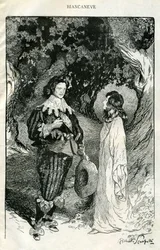 Illustration av Filiberto Scarpelli till sagan "Snövit" ur bröderna Jacob och Wilhelm Grimms samling av fabler, "Snövit och andra sagor".