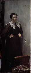 Porträtt av konstnären Anna Ostroumova Lebedeva (Ostroumova-Lebedeva) (1871-1955) (Porträtt av konstnären A. Ostroumova). Representerad stående bakom sin målarutrustning, med kikare på näsan och ytterligare ett par i handen. Målning av Filipp And