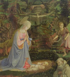 Tillbedjan av barnet med spädbarnet St John och St Romuald (tempera på panel)