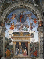 Jungfruns antagande och nedanför St. Thomas av Aquino som presenterar Maria kardinal Oliviero Carafa Fresco av filippinska Lippi (1457-1504) 1488-1492 Rom, Kyrkan Santa Maria sopra Minerva, Chapel Carafa Italien