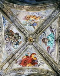 Fresker av Filippino Lippi (1457-1504) på kupolen, Strozzi-kapellet. Kyrkan Santa Maria Novella, Florens, Italien