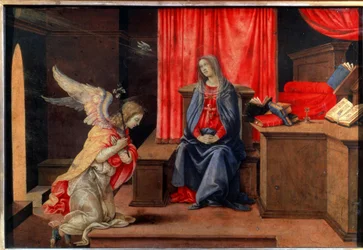 Bebådelsen. Målning av Filippino Lippi (1457-1504), cirka 1490. Tempera på trä. Florentinsk renässanskonst. Eremitagemuseet, Sankt Petersburg.