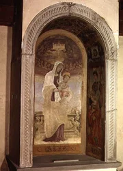 Madonna och barn med heliga, en detalj från tabernaklet i Canto al Mercantale, 1498