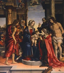 Mystiskt äktenskap mellan Saint Catherine of Alexandria, av Filippino Lippi (1457 ca- 1504), olja på panel, Basilica of San Domenico, Bologna