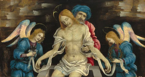 Pietà (Den döde Kristus sörjde av Nikodemus och två änglar), ca. 1500 (olja & eventuellt tempera på panel)