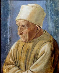Porträtt av den gamla målningen av filippinska Lippi (1457-1504) 1485 Sön. 0,47x0,38 m Florens, Galleria degli Uffizi (Kontor) - Porträtt av en gammal man. Målning av filippinska Lippi (1457-1504) 1485. 0,47 x 0,38 m. Galleria degli Uffizi (Uffizi), Floren