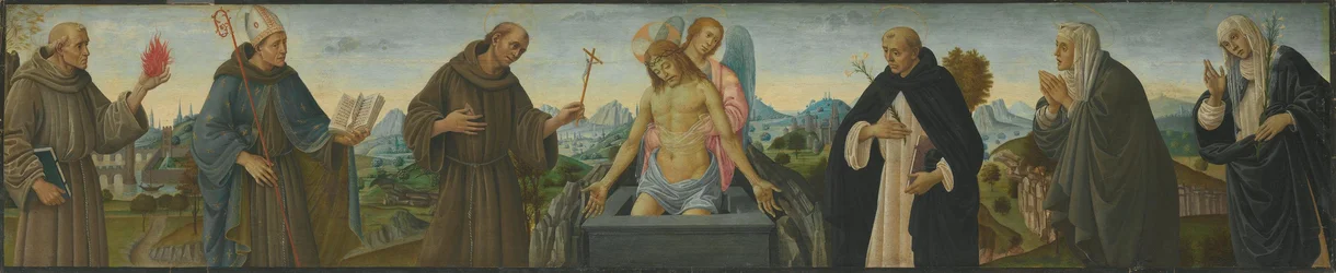 Smärtornas man och sex helgon (den helige Antonius av Padua, Ludvig av Toulouse, Franciskus, Dominikus, Klara och Katarina av Siena)