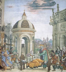 St John Evangelist Resuscitating Drusiana, detalj av Stories of St John Evangelist, av Filippino Lippi (1457-ca 1504), fresk, Basilica of Santa Maria Novella, Strozzi Chapel, Florens