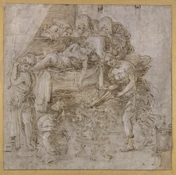 The Death of Meleager (penna och bläck med gouache på papper)