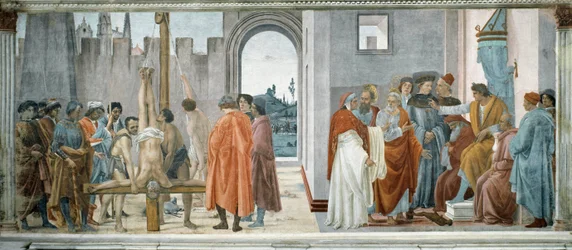 Tvisten mellan Simon trollkarlen (trollkarlen eller Simon från Samaria, död 65) (med Nero (37-68) på tronen) och S:t Peters korsfästelse (tvisten med Simon Mago och St. Peters korsfästelse) - Fresk av filippinska Lippi (1457-1504), 232x588 c