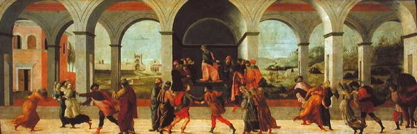 Tre scener från Virginias historia (olja på panel)