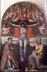Treenighet med SS. Stephen och Philip, centralpanel i en altartavla (tempera på panel)