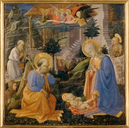 Barnets tillbedjan, med Sankt Hilarion och
änglar ... (tempera på trä)
